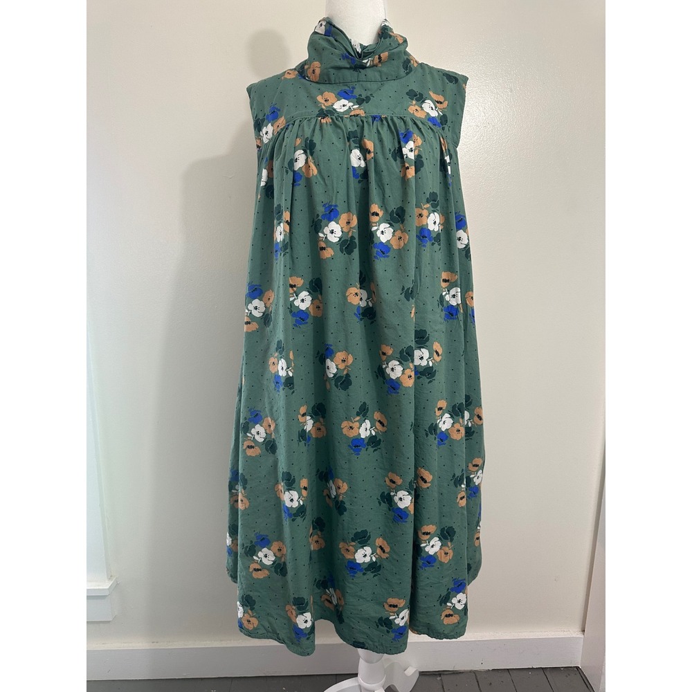 Lands End Womens 1X Green Floral Sleeveless Mock Neck Empire Waist Midi Dress